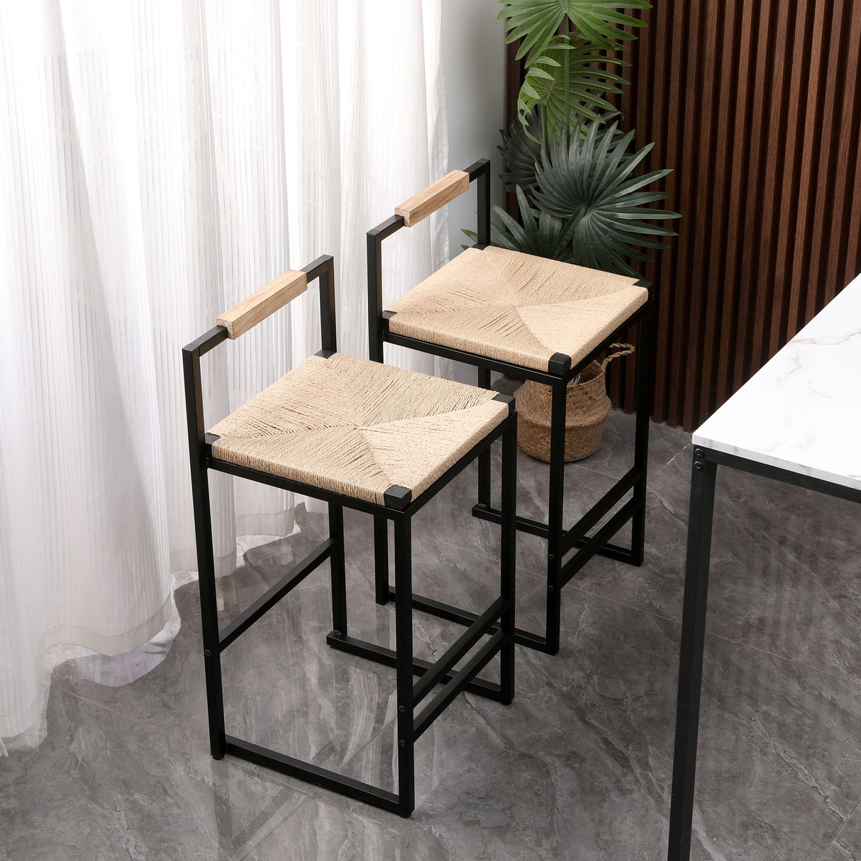 Stylish (Set of 2) Bar Stools With Backrest And Paper Rope Woven Seat, Counter Height Dining Chairs For Kitchen - Natural