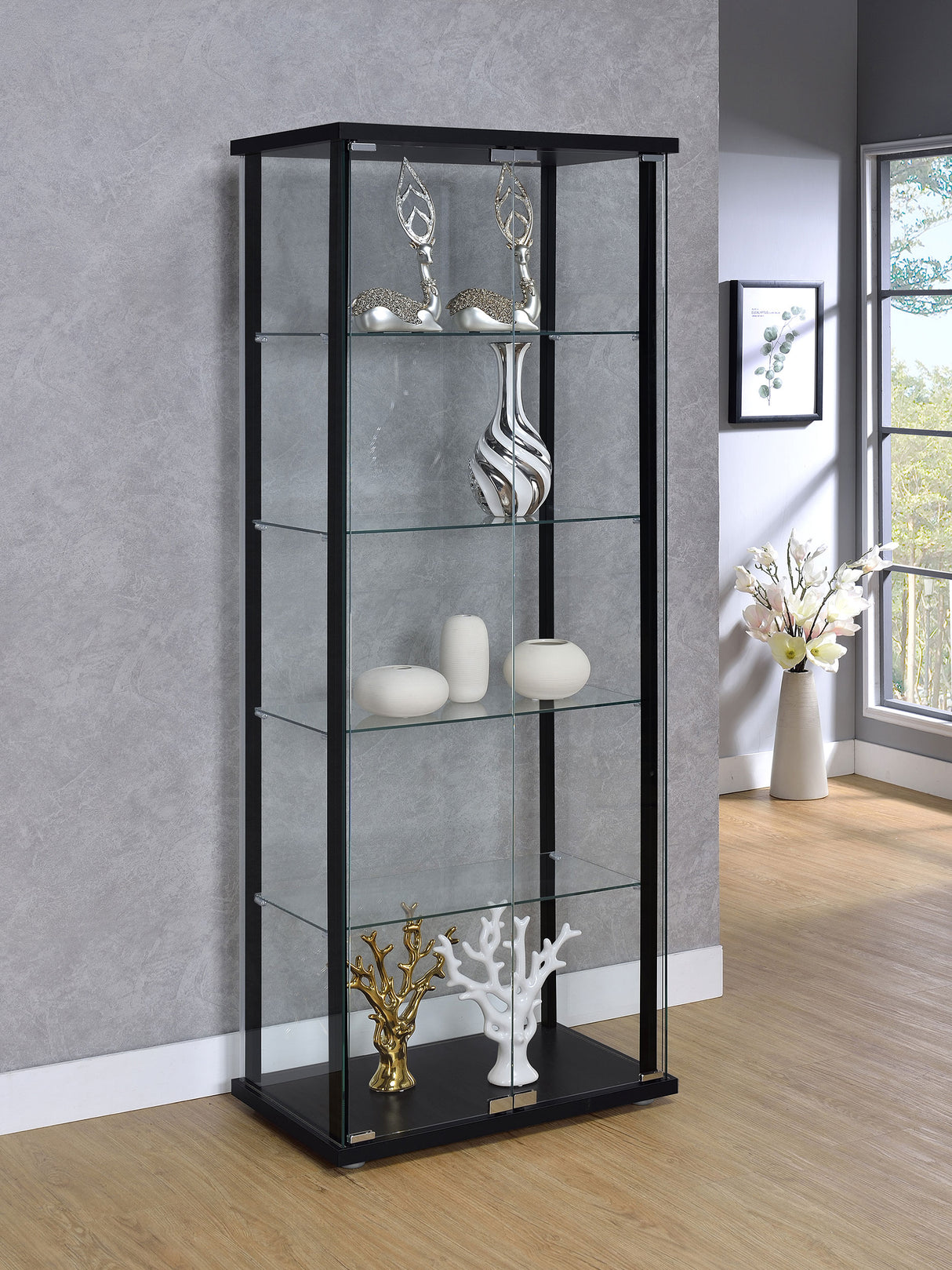 Delphinium 4-Shelf Glass Curio Display Cabinet in Black