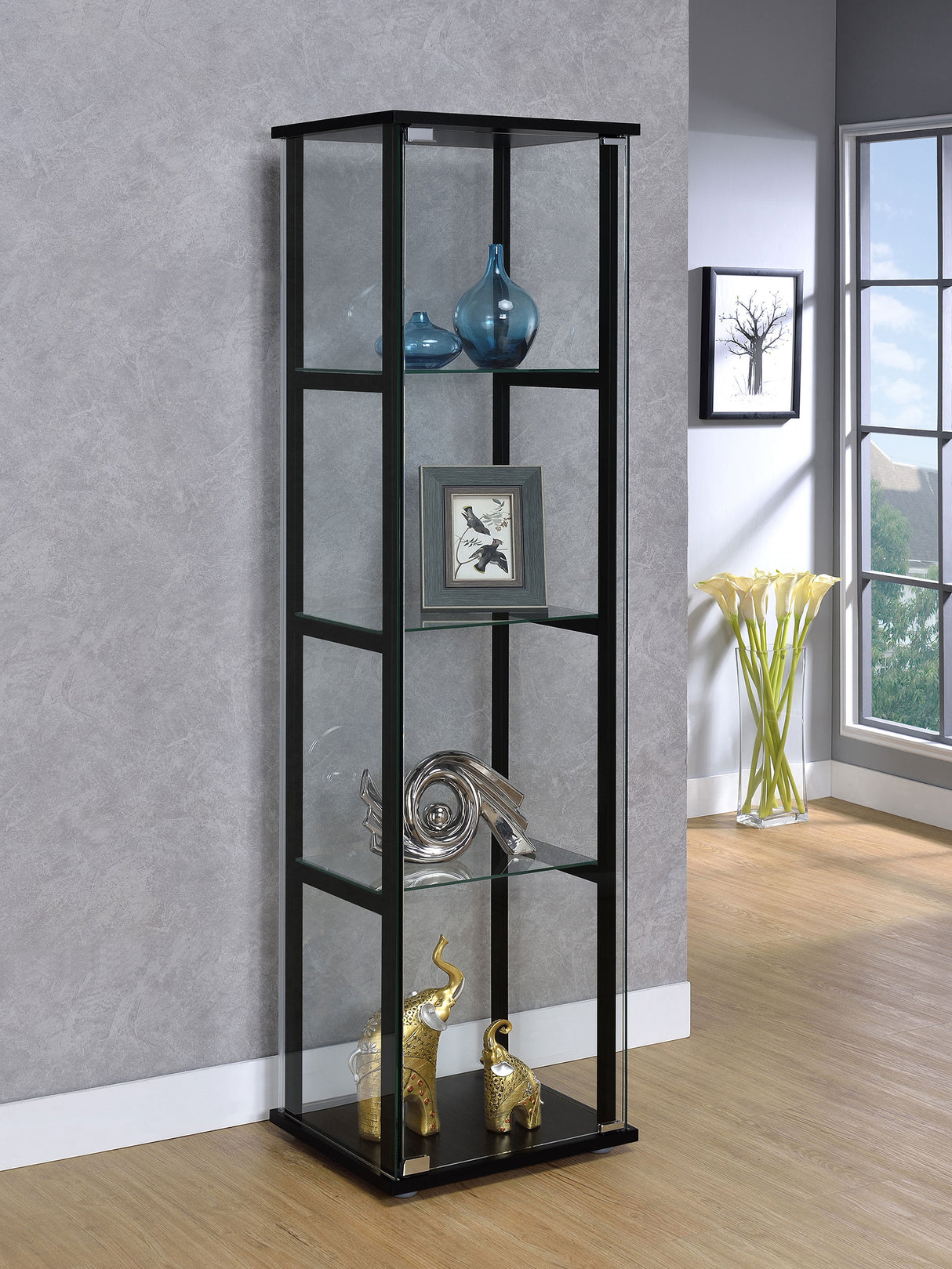 Cyclamen Black 4-Shelf Glass Curio Display Cabinet