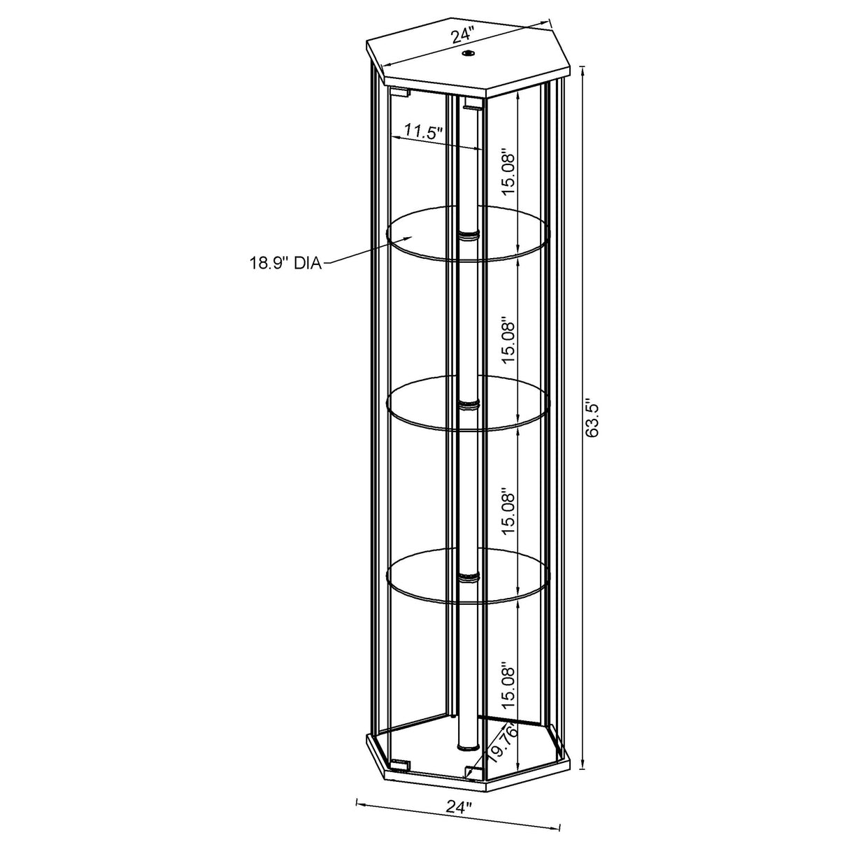 Zahavah Hexagonal 4-Shelf Glass Curio Cabinet in Black