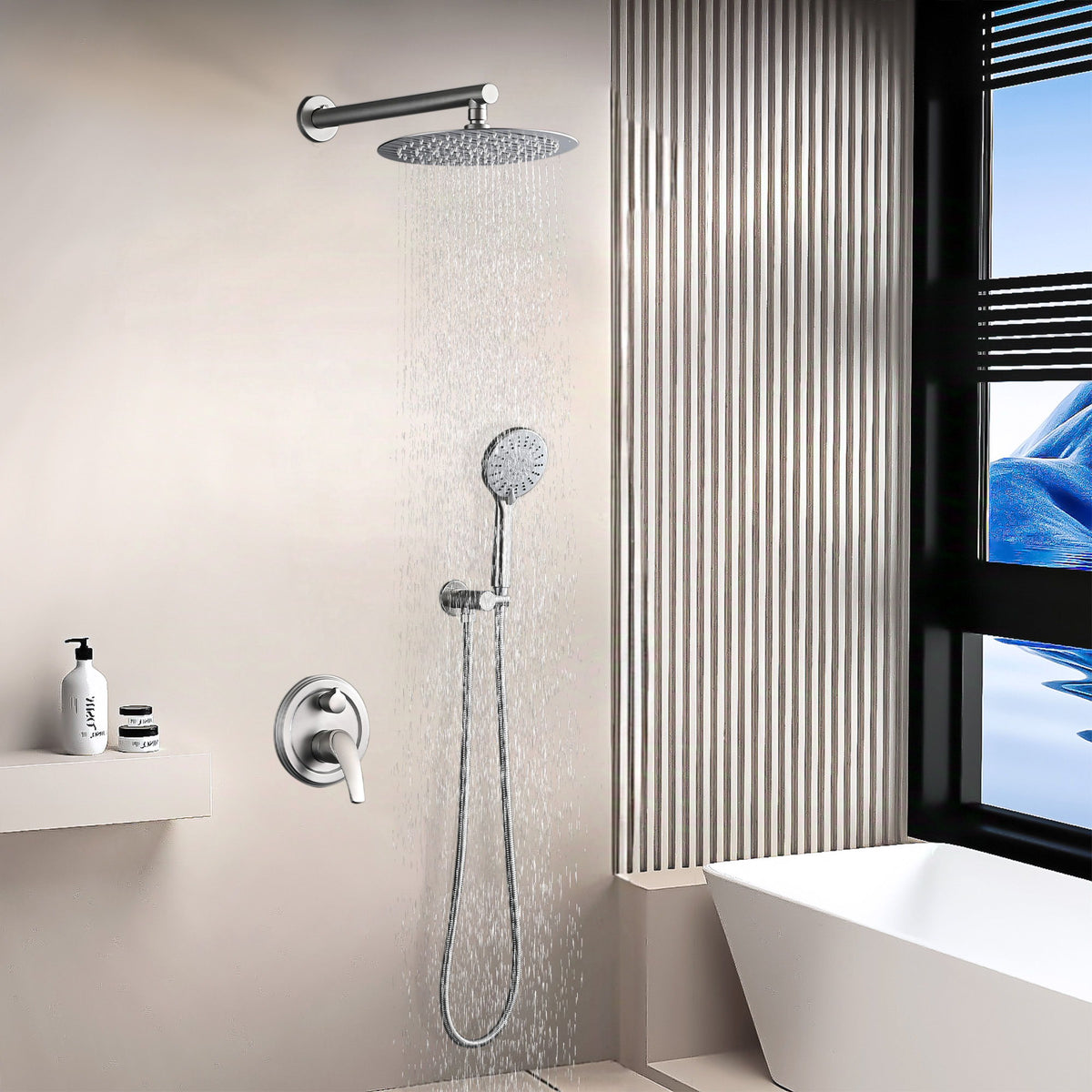 Wall Mounted Shower Set With High Pressure 10" Rain Shower Head And 5 Function Handheld Shower Head