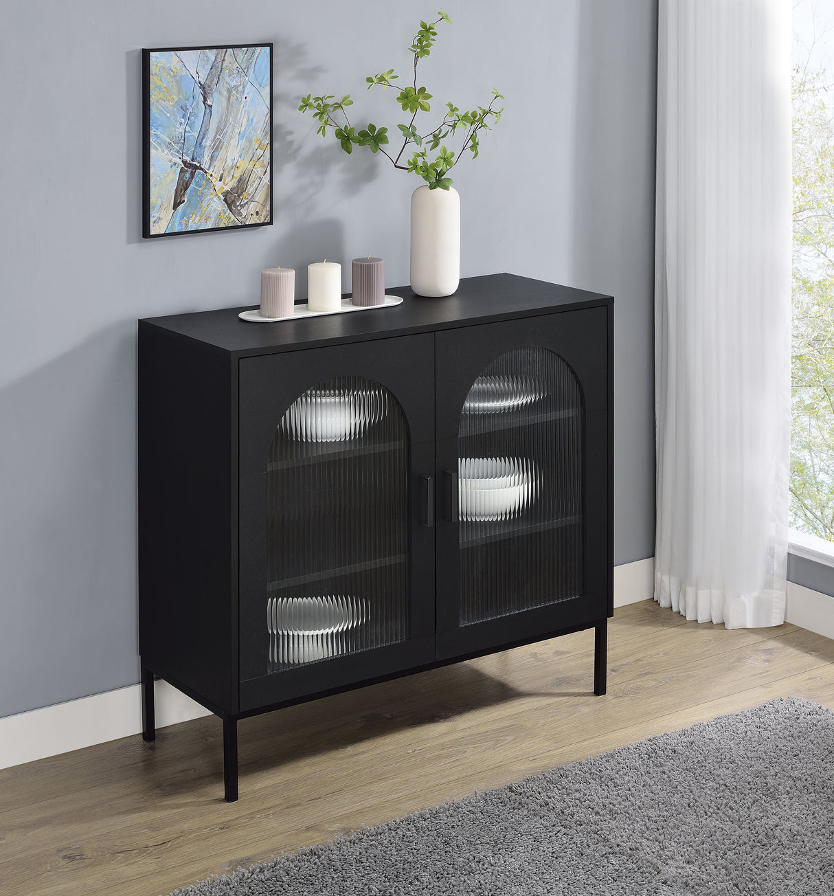 Jess Black Arched Fluted Glass 2-Door Accent Cabinet