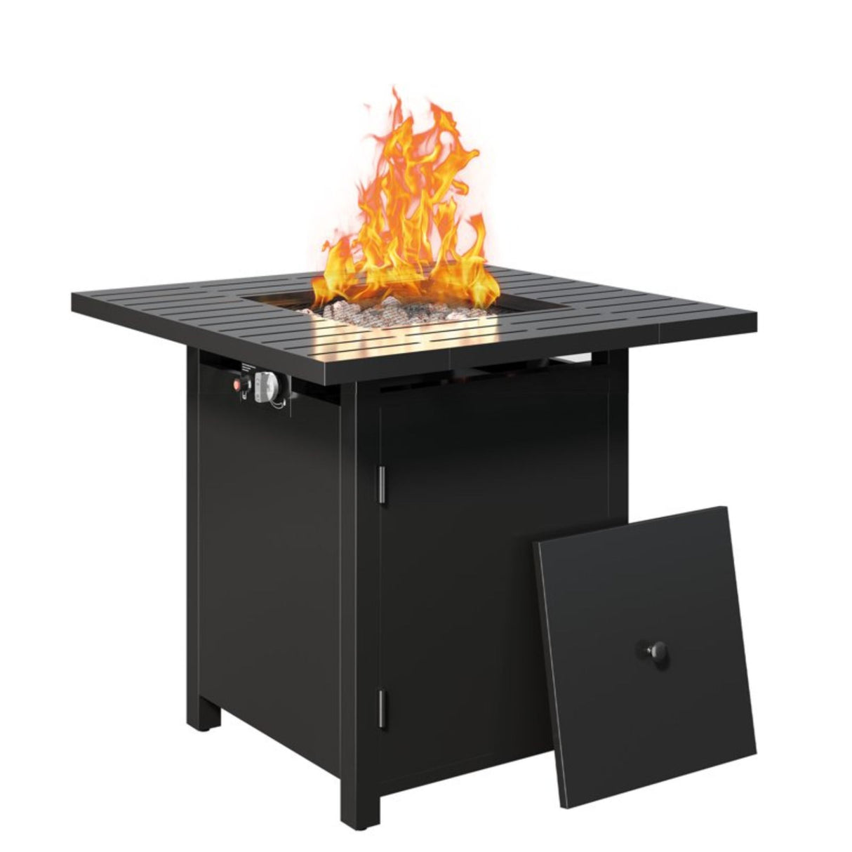 Square 2 In 1 Outdoor Propane Fire Pit Table With Stainless Burner, Lava Rocks, Lid & Waterproof Cover - Black
