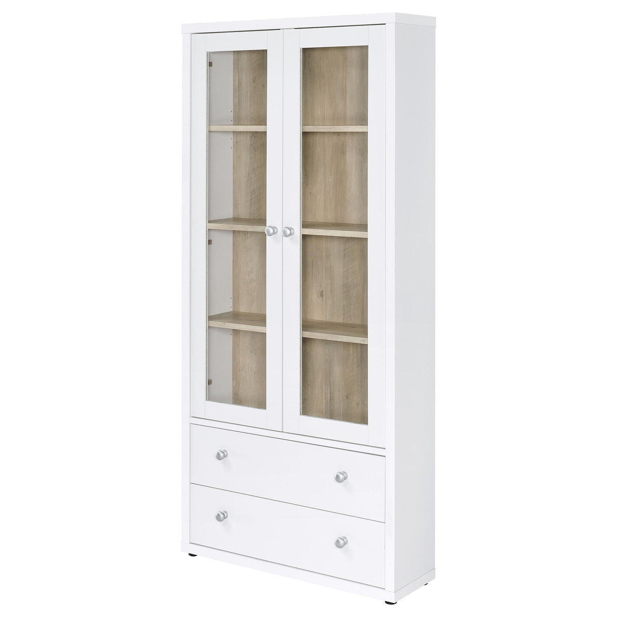 Hawthorne White Tall Glass Door Cabinet with Drawers, 4-Shelf
