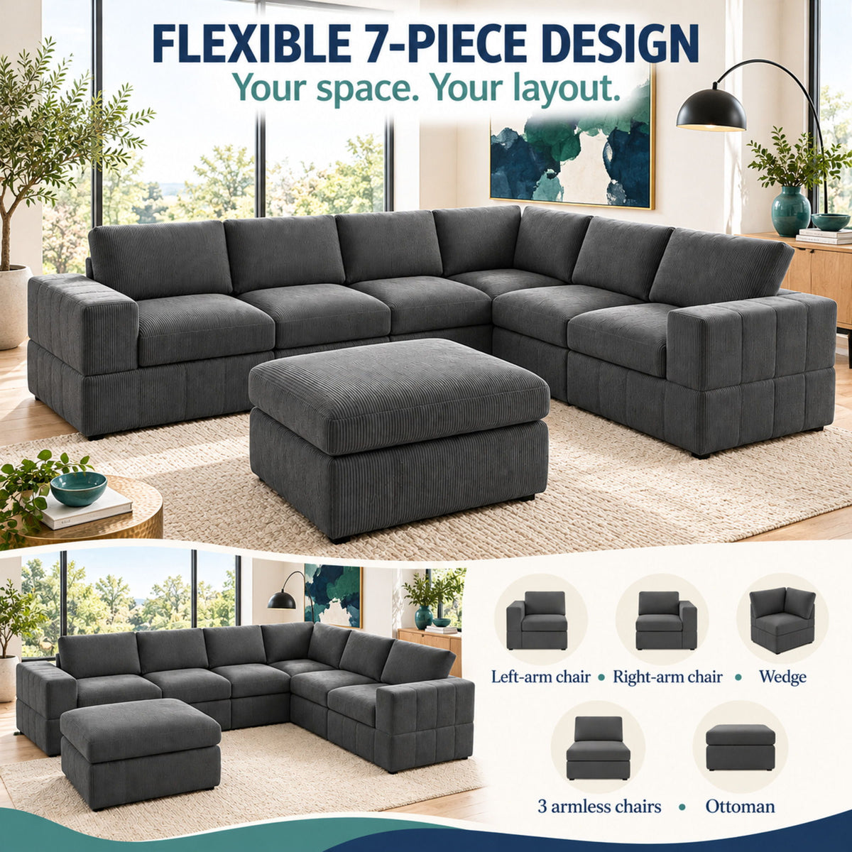 Oversized Modular Sectional Sofa, Reversible With Ottoman