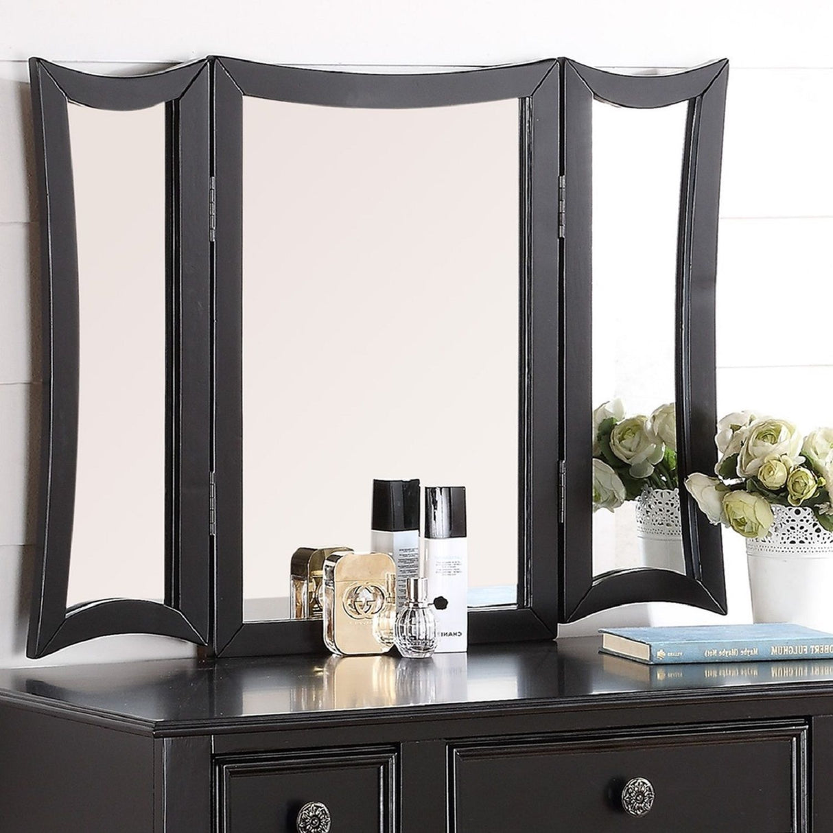 Bedroom Vanity Set With Foldable Mirror And Stool - Black