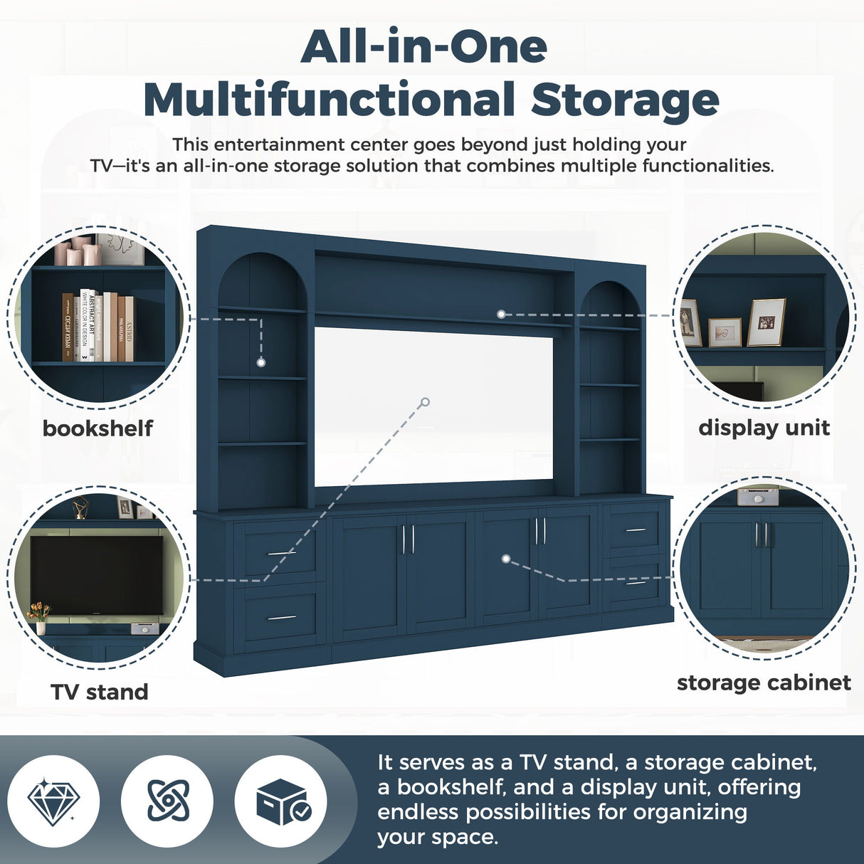 Arched Entertainment Center Wall Unit With Drawers, TV Stand