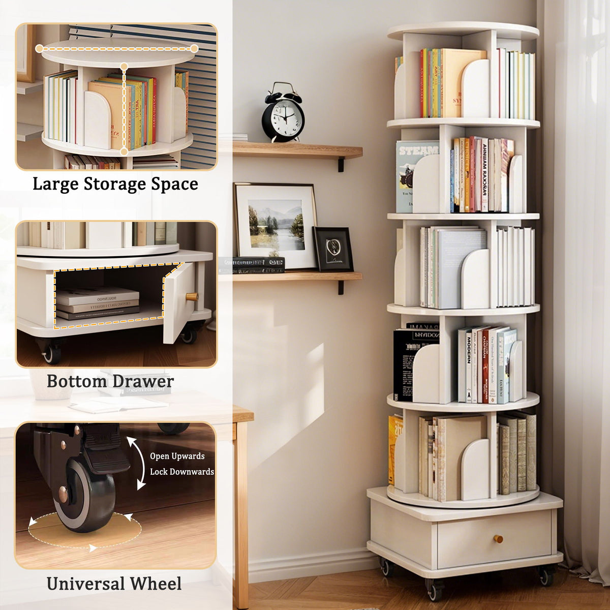 Rotating Bookshelf With Wheels And Drawer, 360° Spinning Design, Space Saving Storage
