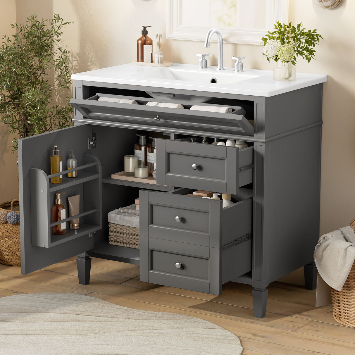 Bathroom Vanity With Top Sink, 2 Drawers, Tip Out Drawer