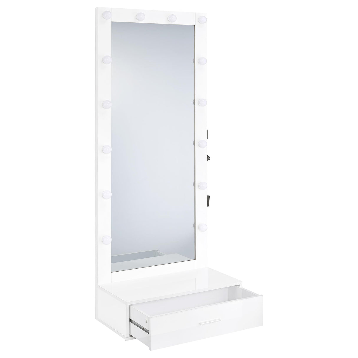 Spector 1-Drawer Lighted Full-Length Floor Mirror, White High Gloss