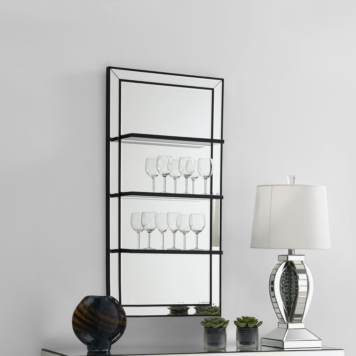 Oriel Rectangular 3-Shelf Wall Mirror in Silver, 24 x 47 In.