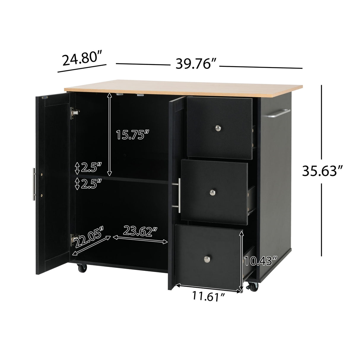 Mobile Kitchen Cart With Storage With 2 Doors, 3 Drawers & Adjustable Shelf - Black / Natural