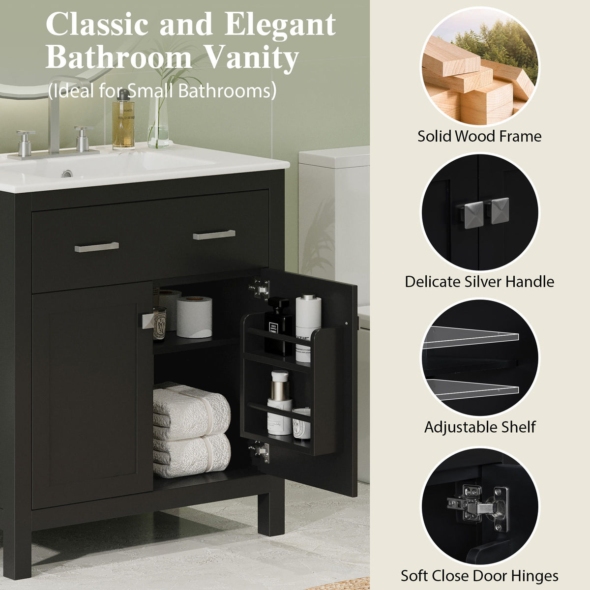 Bathroom Vanity With Ceramic Sink, Modern Single Bathroom Cabinet With 2 Doors And A Shelf, Soft Close Doors