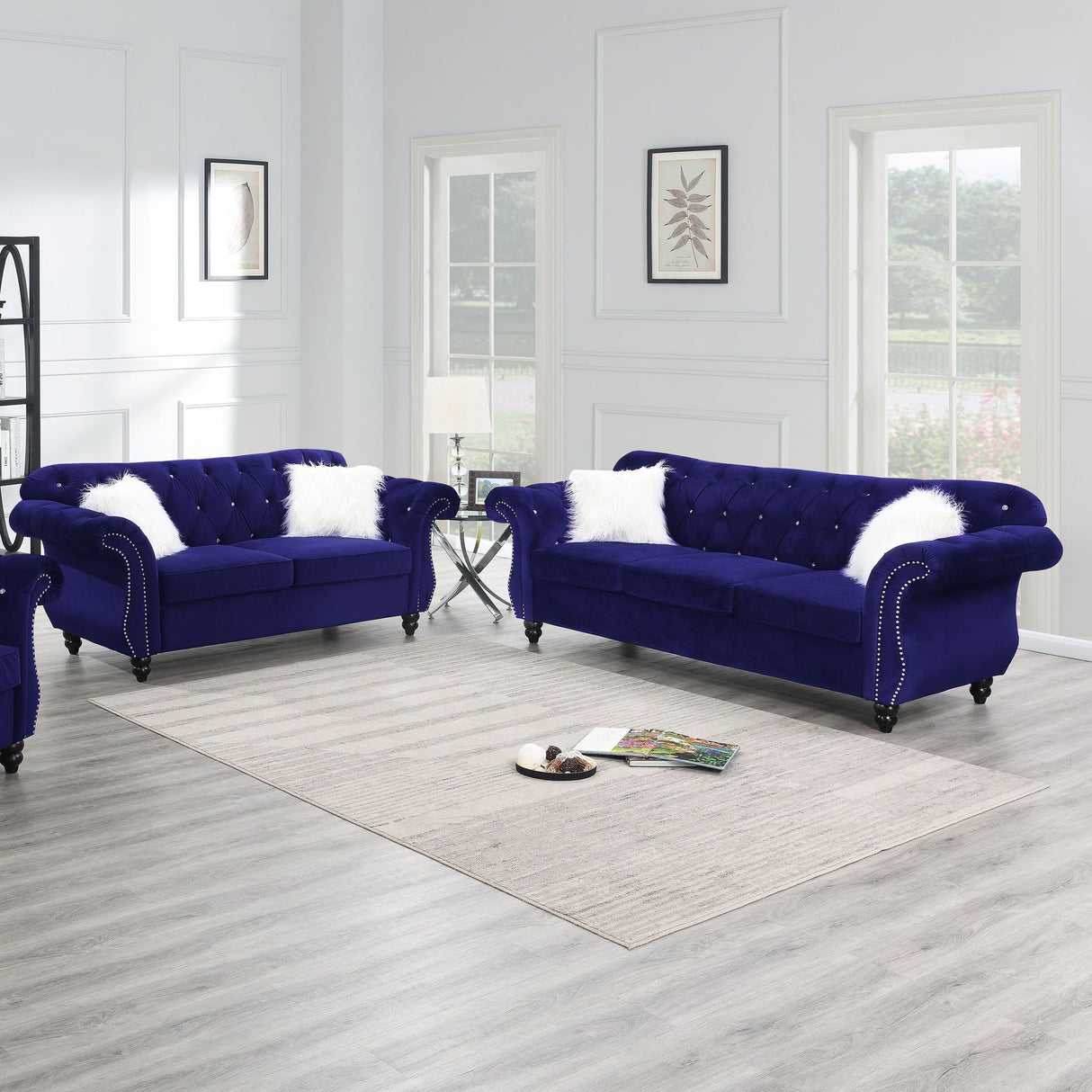 Upholstered Sofa Set With Crystal Tufted Seat And Nailhead Trim, 2 Piece Living Room Furniture - Indigo
