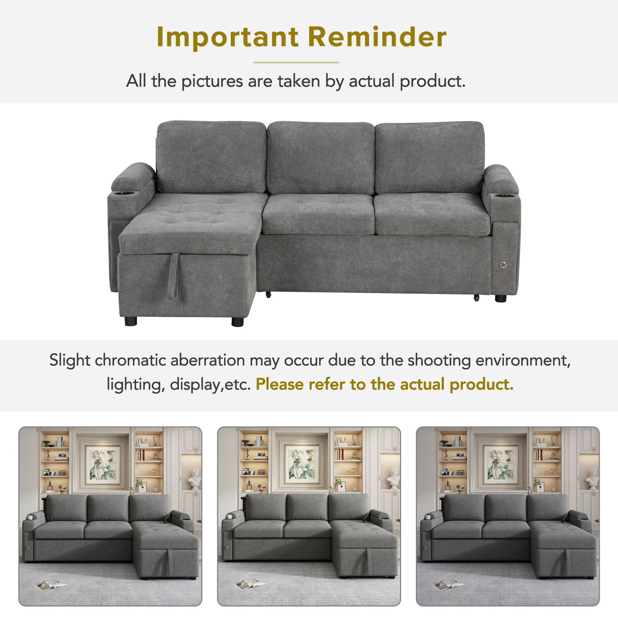 Convertible L Shaped Sofa Couch With Storage, Cup Holders, USB Ports