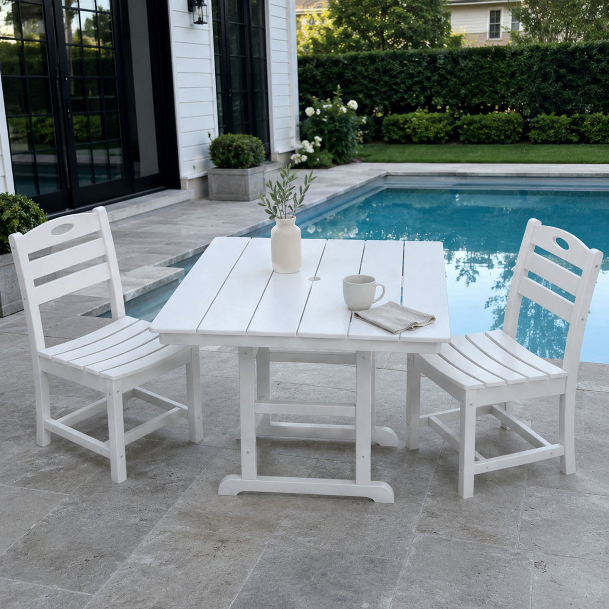 Outdoor Patio Dining Set, Square Table With Umbrella Hole And Armless Chairs