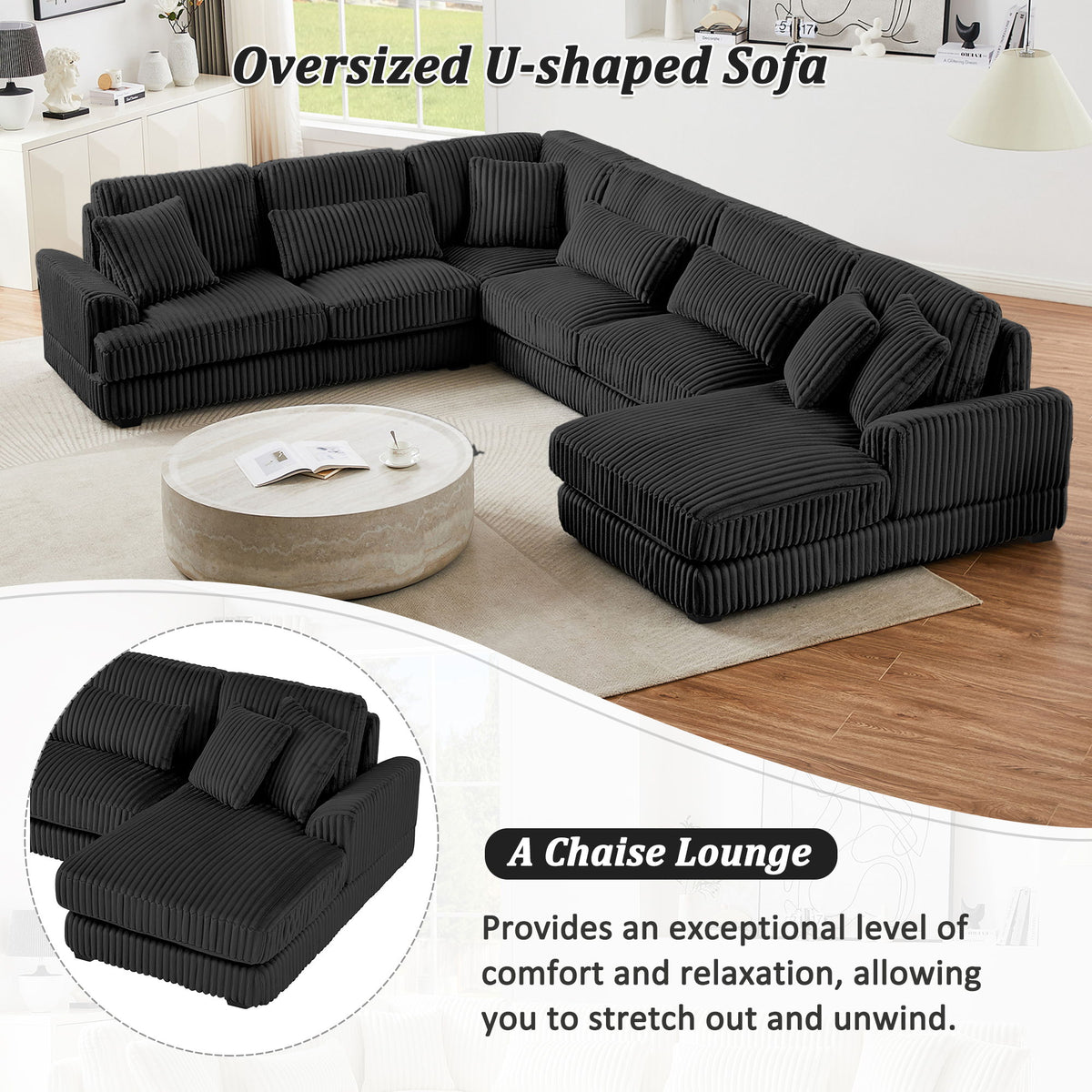 U - Sectional Sofa With Chaise Lounge, Oversized Living Room Couch