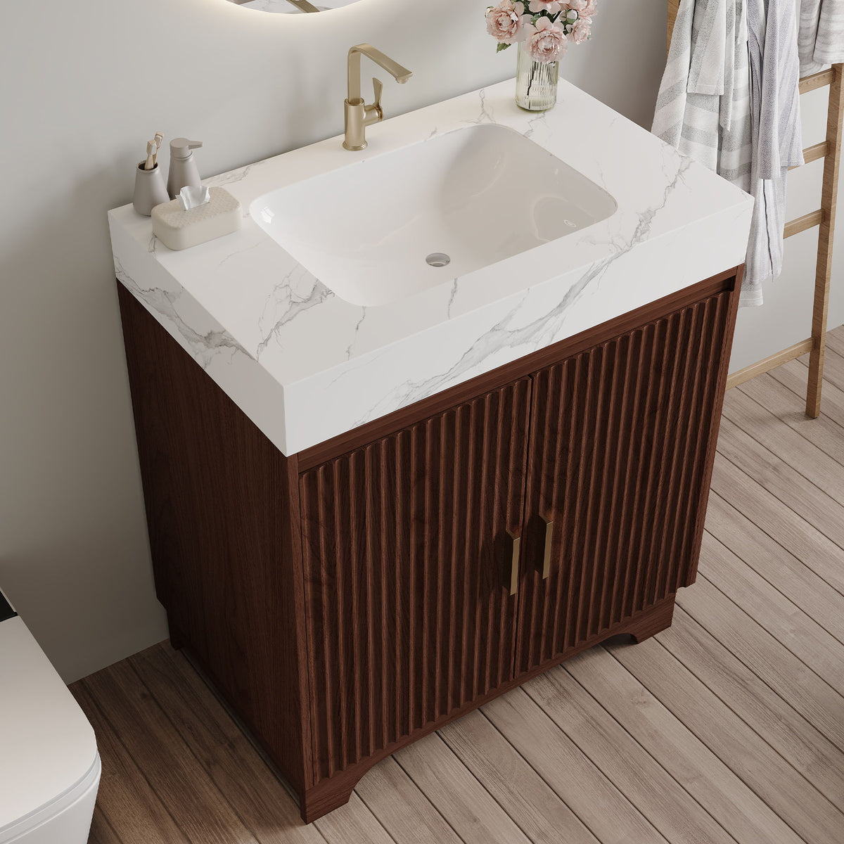 Freestanding Bathroom Vanity With Sink - Walnut / White