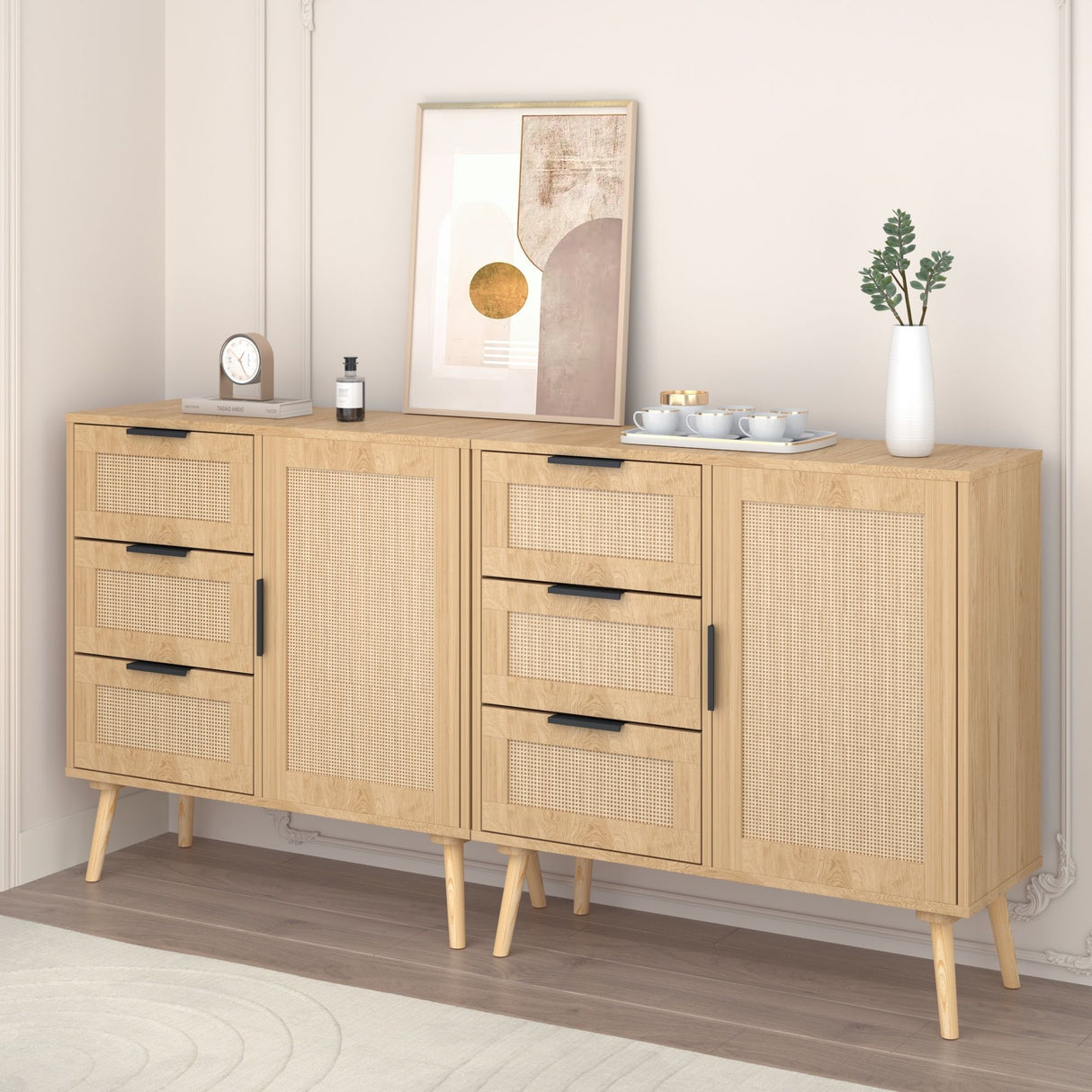 Dresser With Drawers And Adjustable Shelf - Antique Natural / Rattan