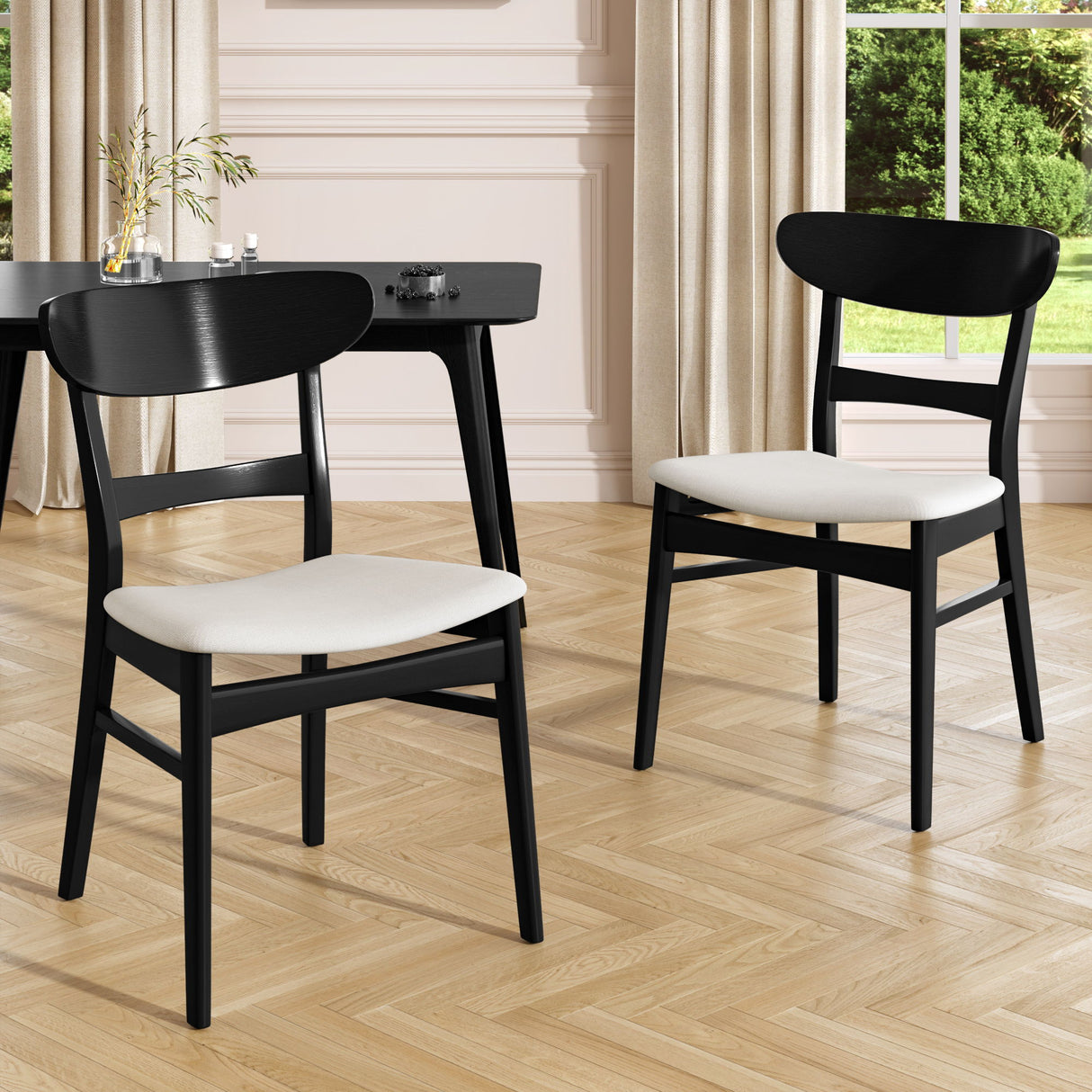 Dining Chairs With Upholstered Seat (Set of 2) - Black / Light Beige
