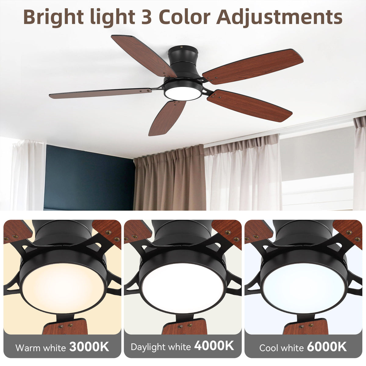 42" Ceiling Fan With Light, Tri Color Dimmable, DC Motor, 5 Blades