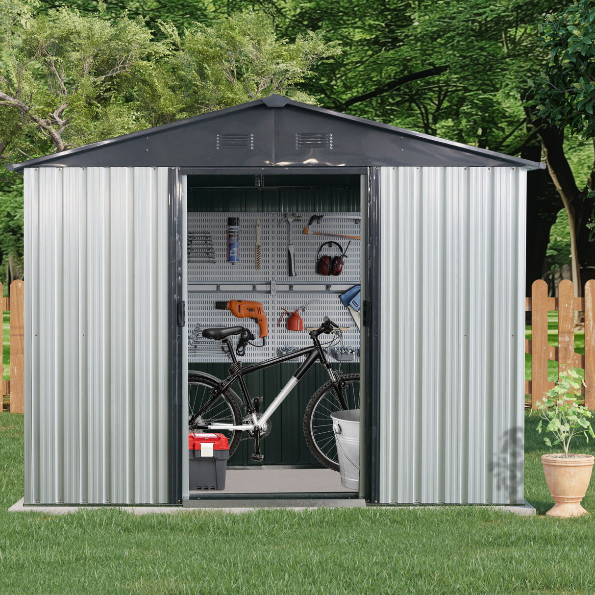 Outdoor Metal Storage Shed Garden Building with Window and Foundation 8x4ft