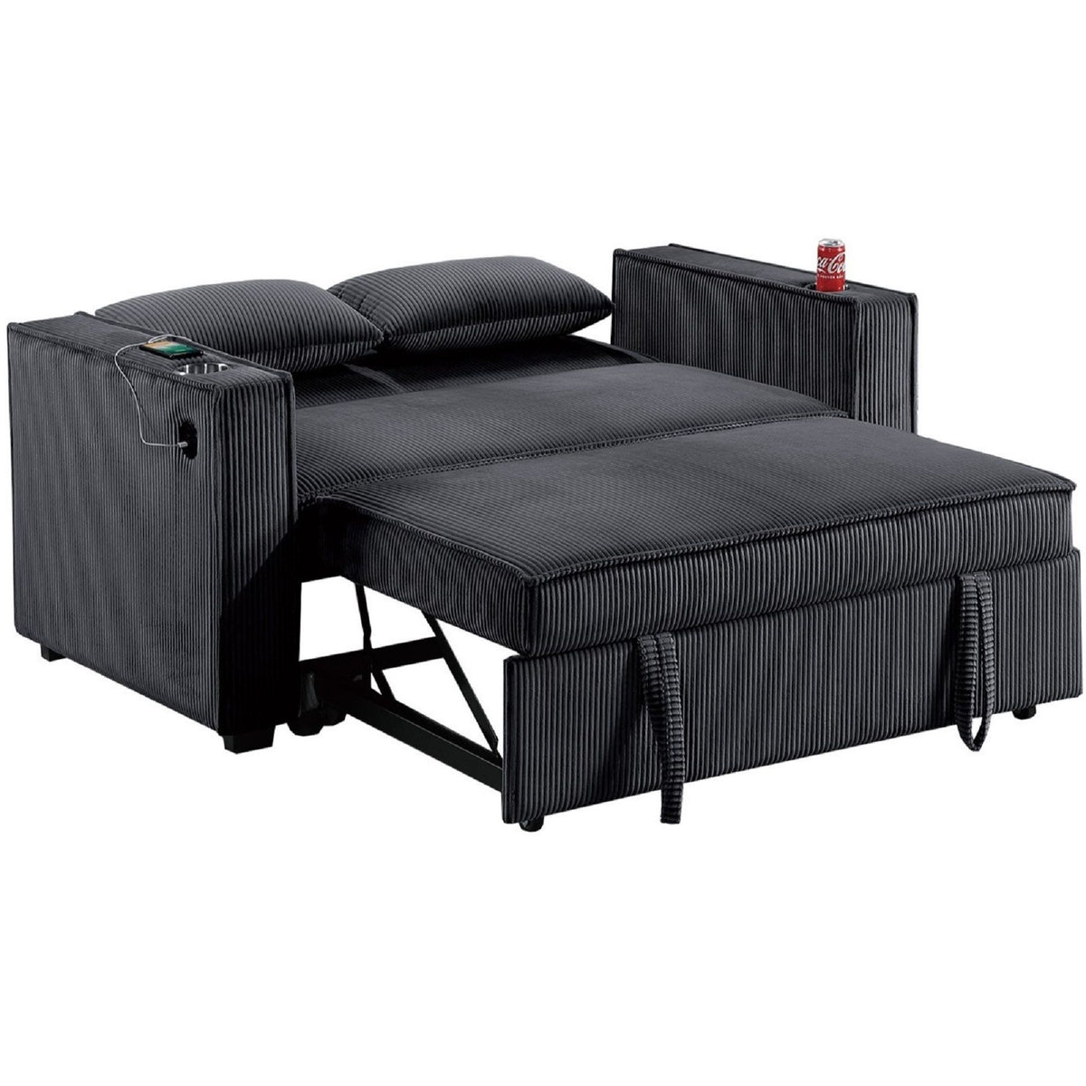 Convertible Sofa With Pull Out Bed, USB Ports & Cup Holders, Matching Pillows - Black