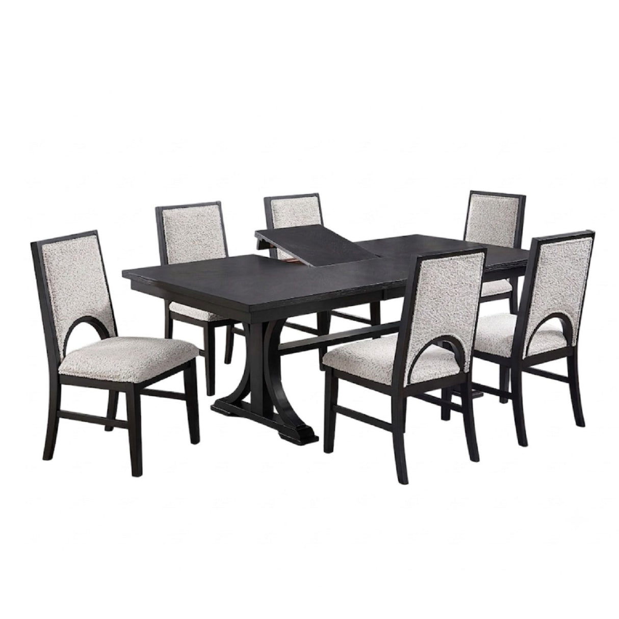 7 Piece Set, Trestle Dining Table And 6 Side Chairs With Cutout Back - Black / Charcoal / White