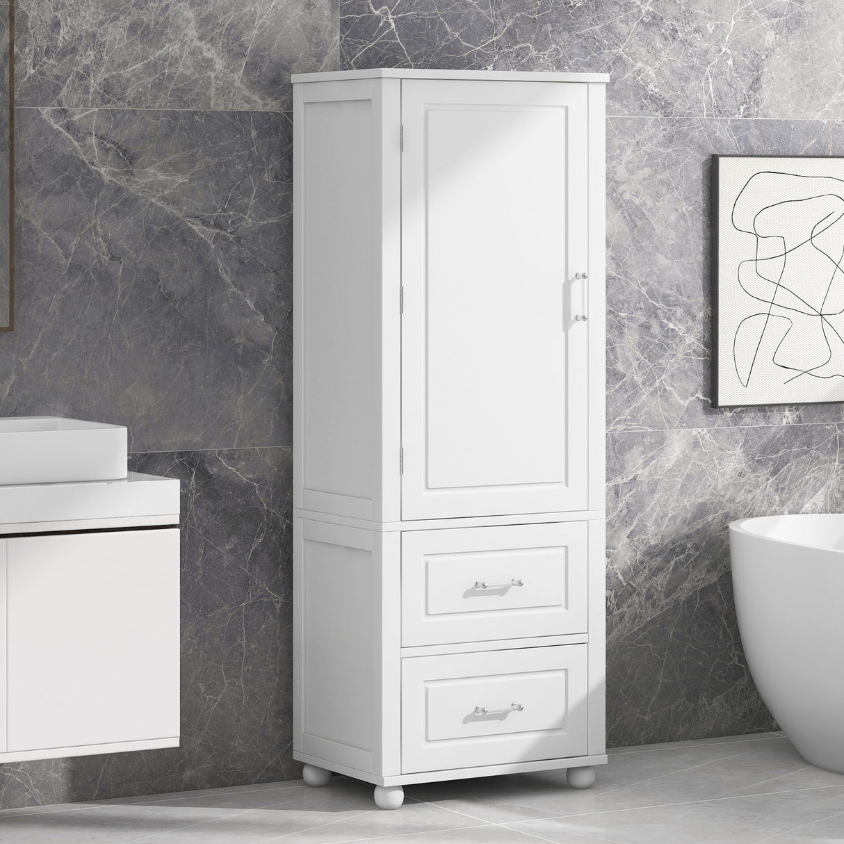 Tall Freestanding Bathroom Storage Cabinet With 2 Drawers And Adjustable Shelf