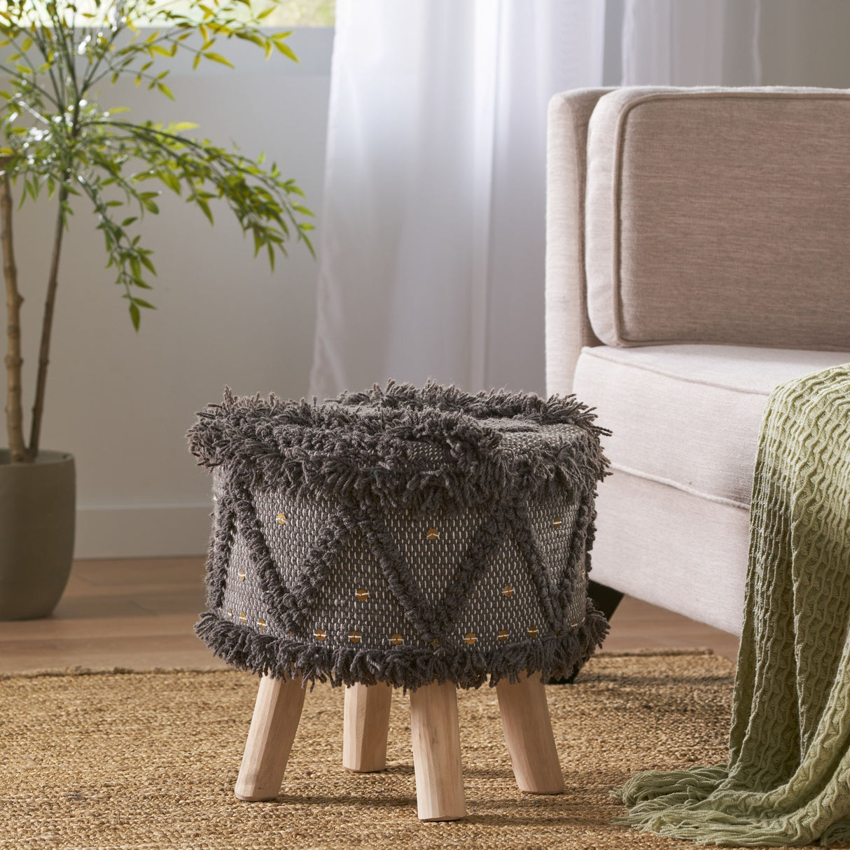 Roja - Handcrafted Wool & Cotton Foot Stool With Eucalyptus Wood Frame - Dark Brown
