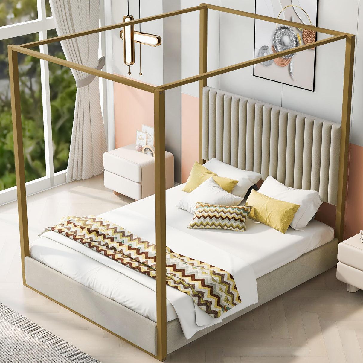 Upholstered Canopy Platform Bed With Frame, Queen Size - Beige
