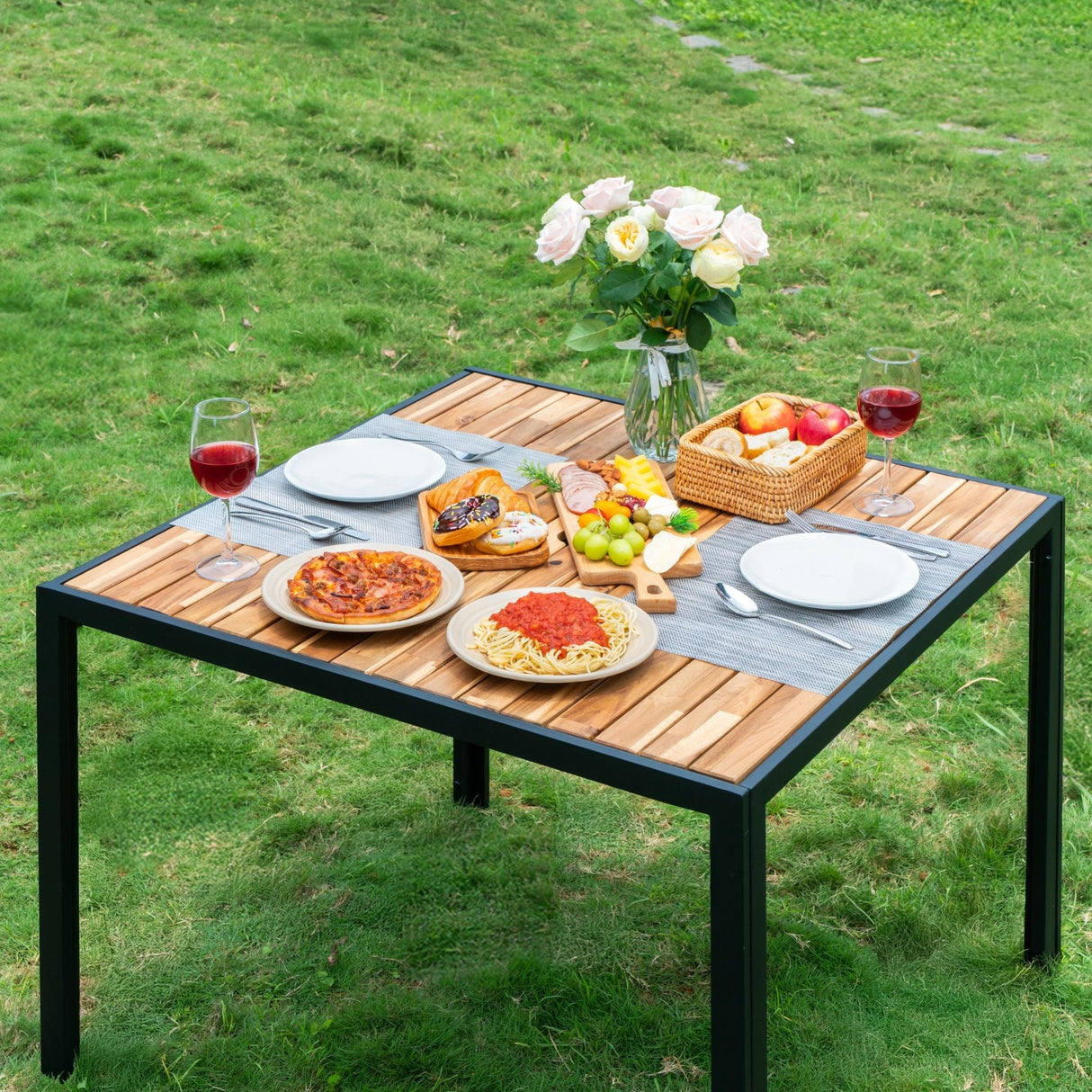 5 Piece Patio Dining Table Set, Acacia Wood Table Top With Umbrella Hole