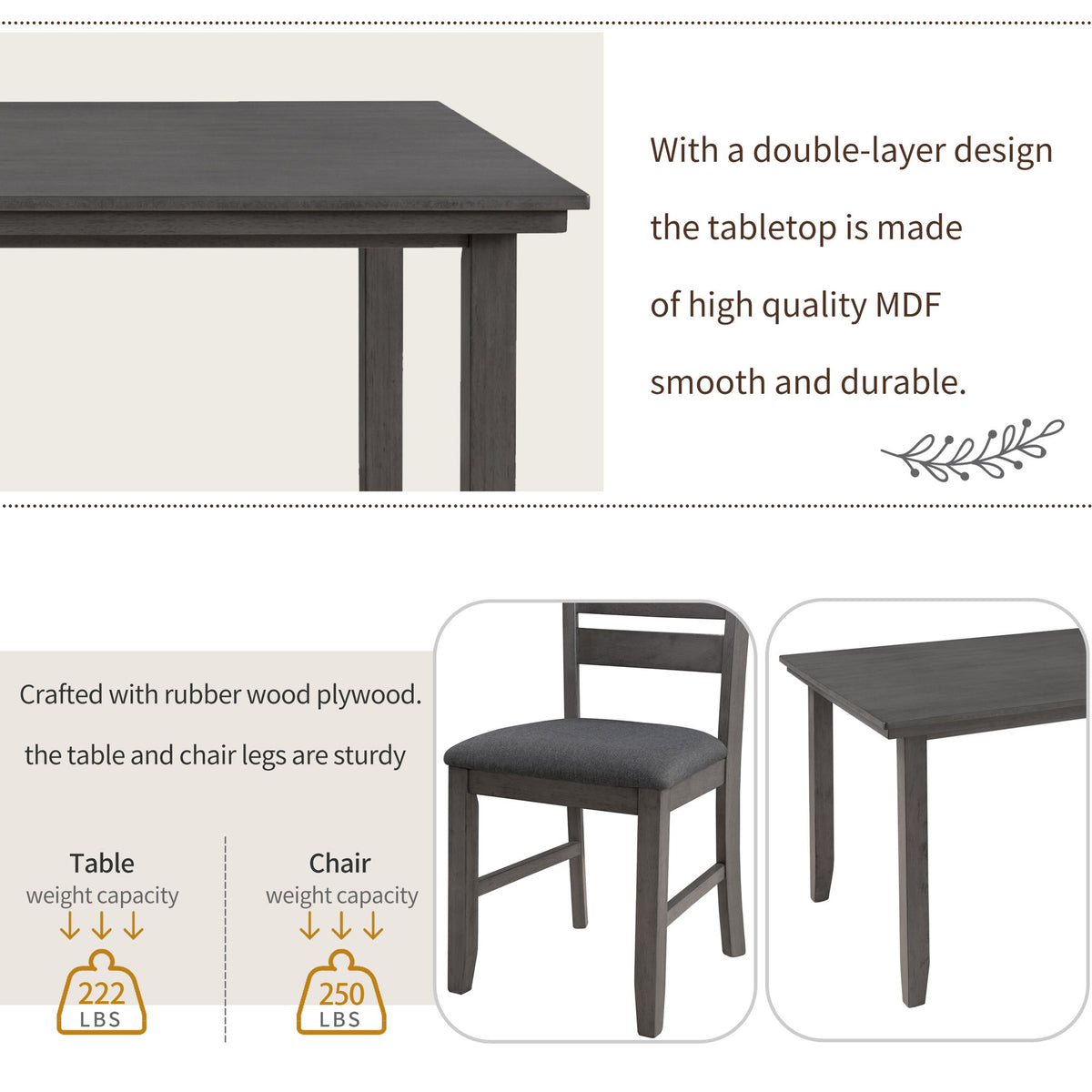 Dining Set For 6, Upholstered Chairs, Includes Table, 4 Chairs, And 2 Person Bench - Gray