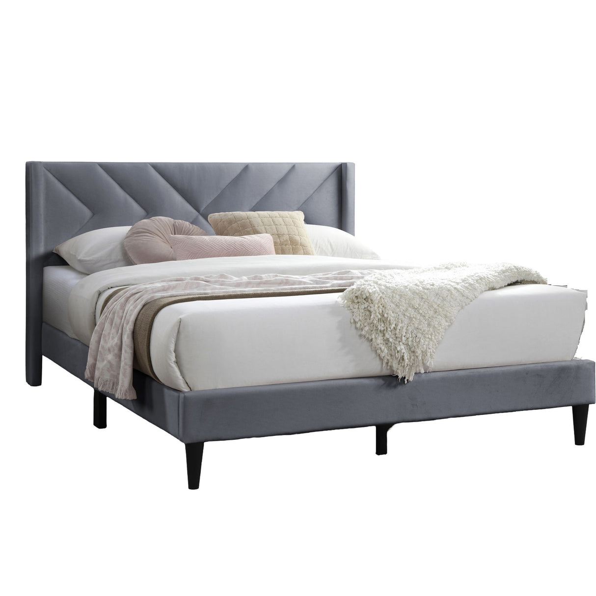 Elegant Bed With Upholstered Headboard, Platform Base