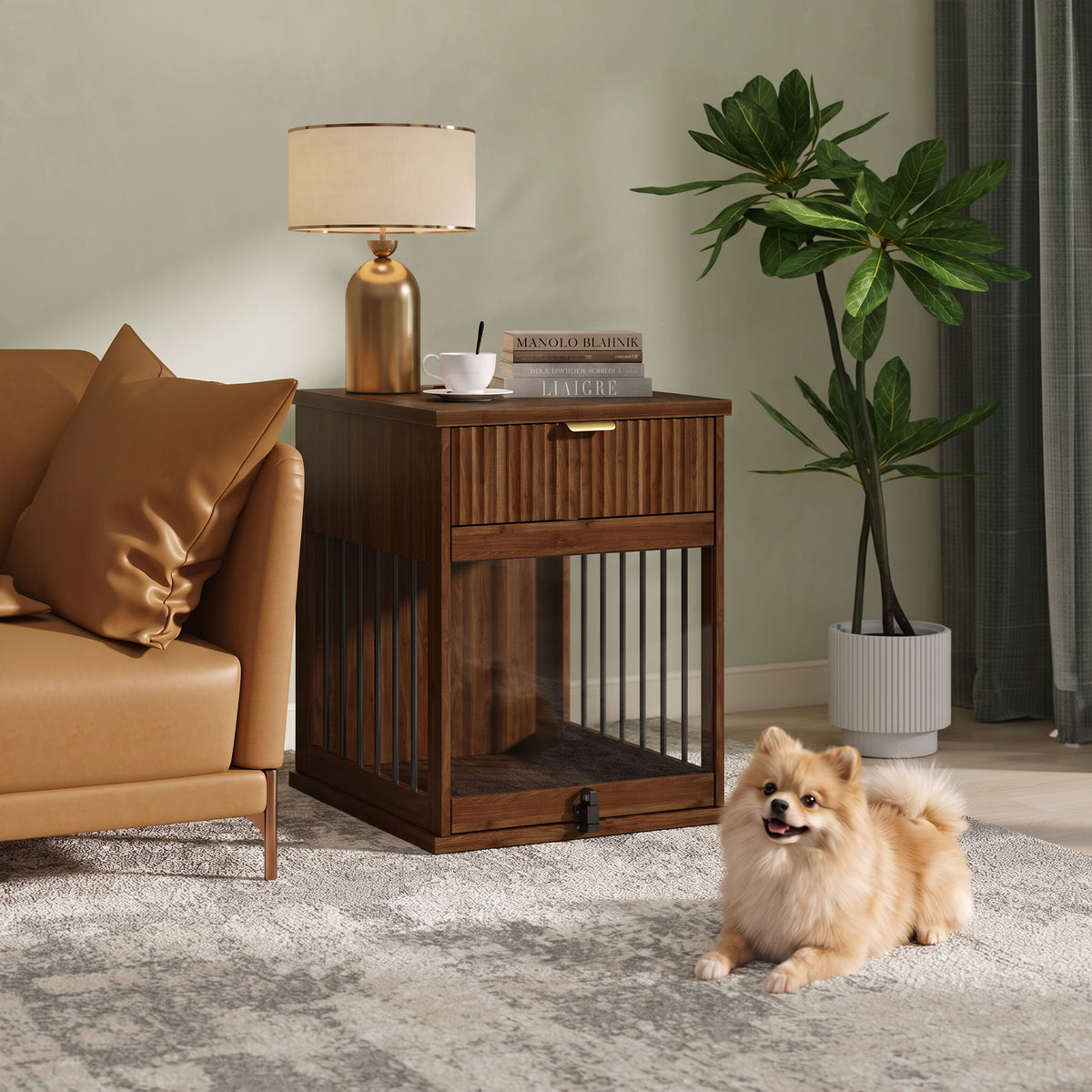 Dog Crate End Table With Charging Station - Antique Brown