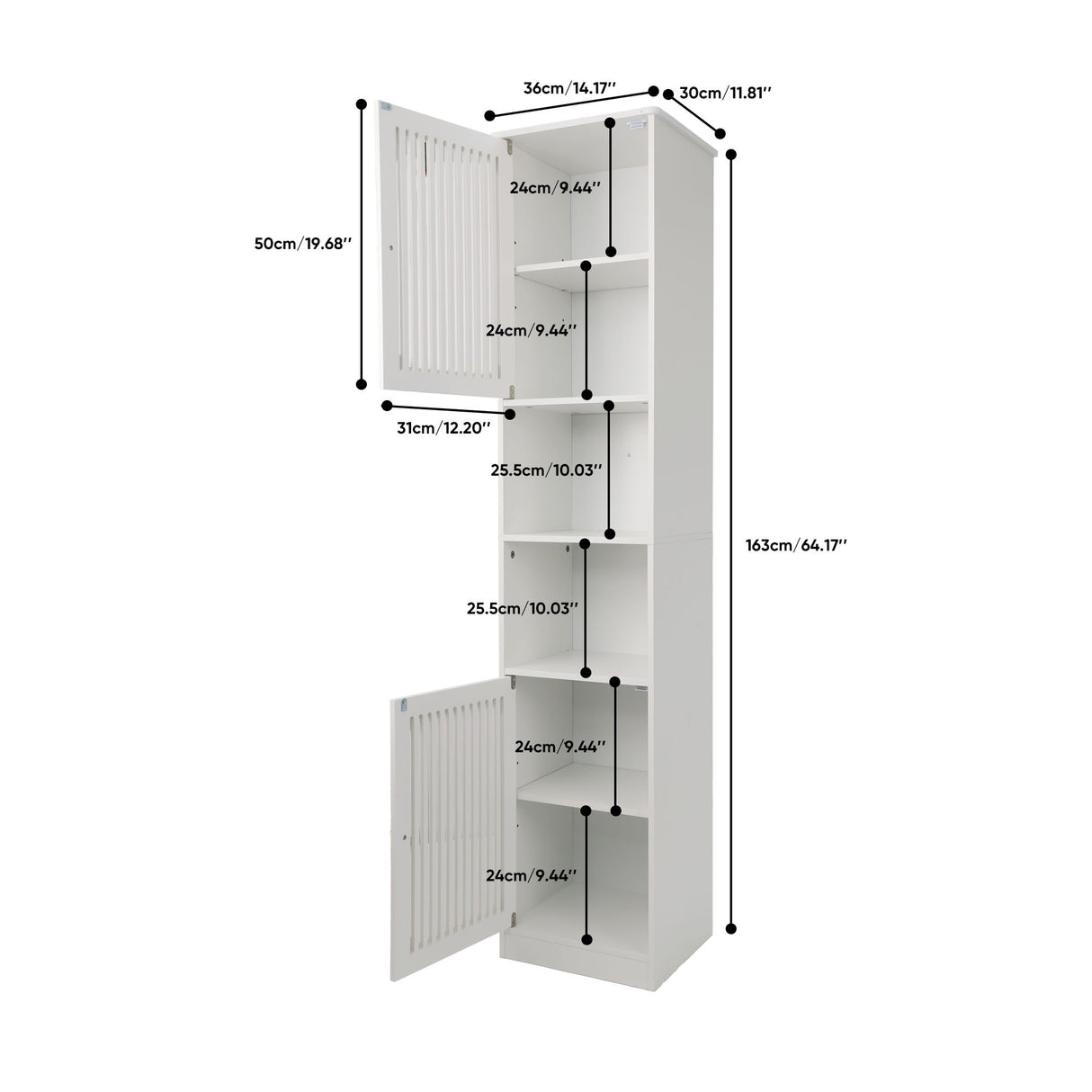 Tall Bathroom Cabinet With Adjustable Shelves, Louvered Door Floor Standing Storage Unit - White