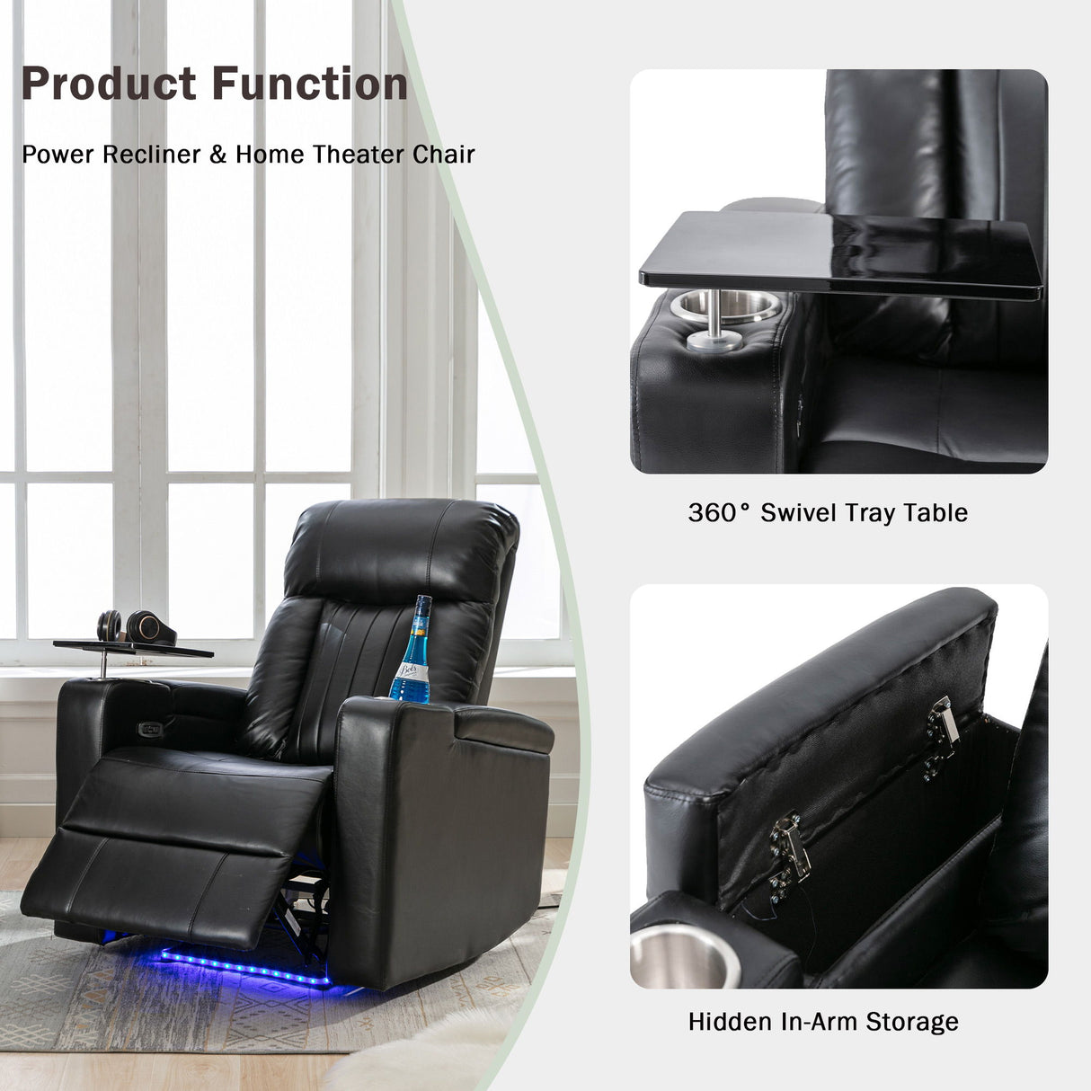 Power Recliner & Storage Arms, Cupholders, Swivel Tray Table And Cell Phone Stand