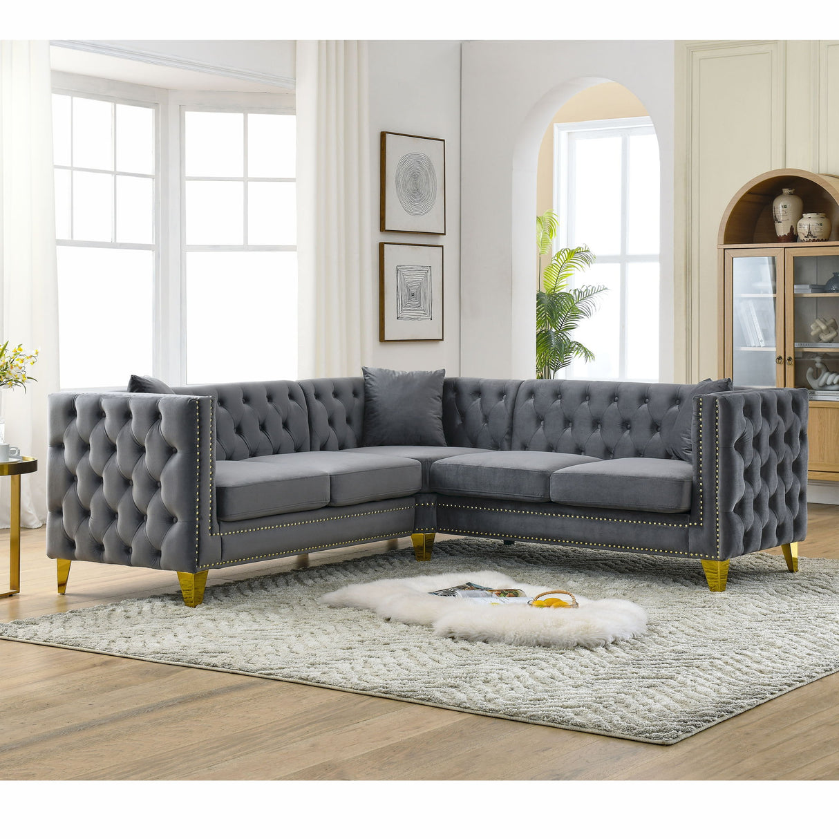 L-Shaped Corner Sofa, 5 Seater Sectional With Tufted Design