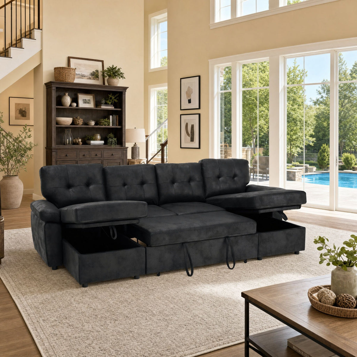 Convertible Sectional Sofa Bed With Pull Out Sleeper And Storage