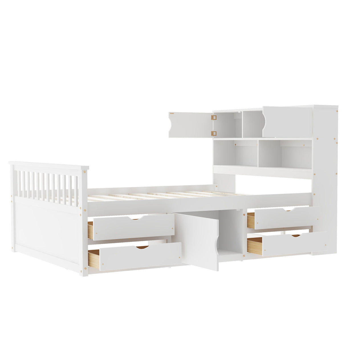 Captain Platform Bed Frame With Bookcase Headboard, 4 Drawers, Storage Shelves