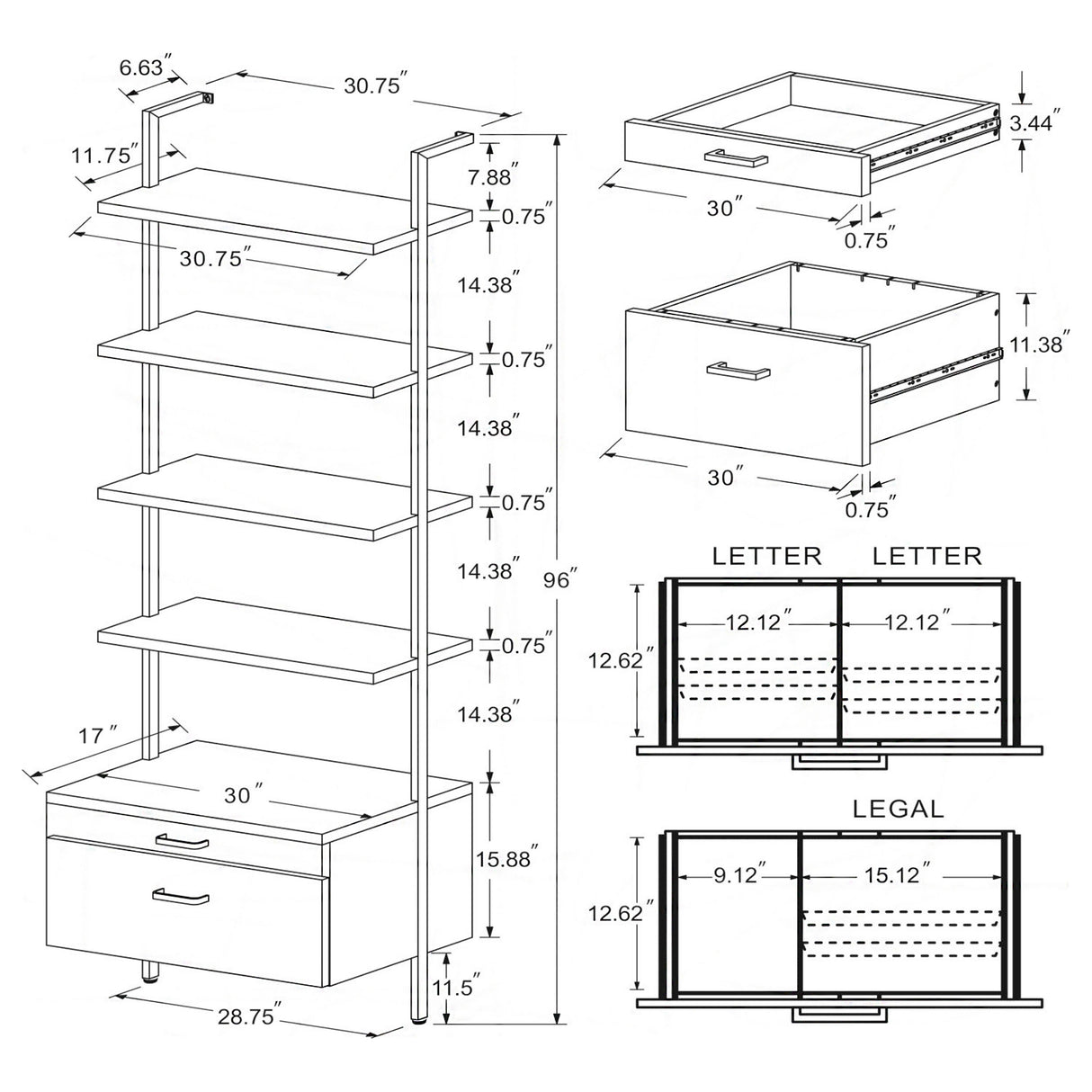 Owens 96" 4-Shelf Bookshelf with Drawers, Walnut