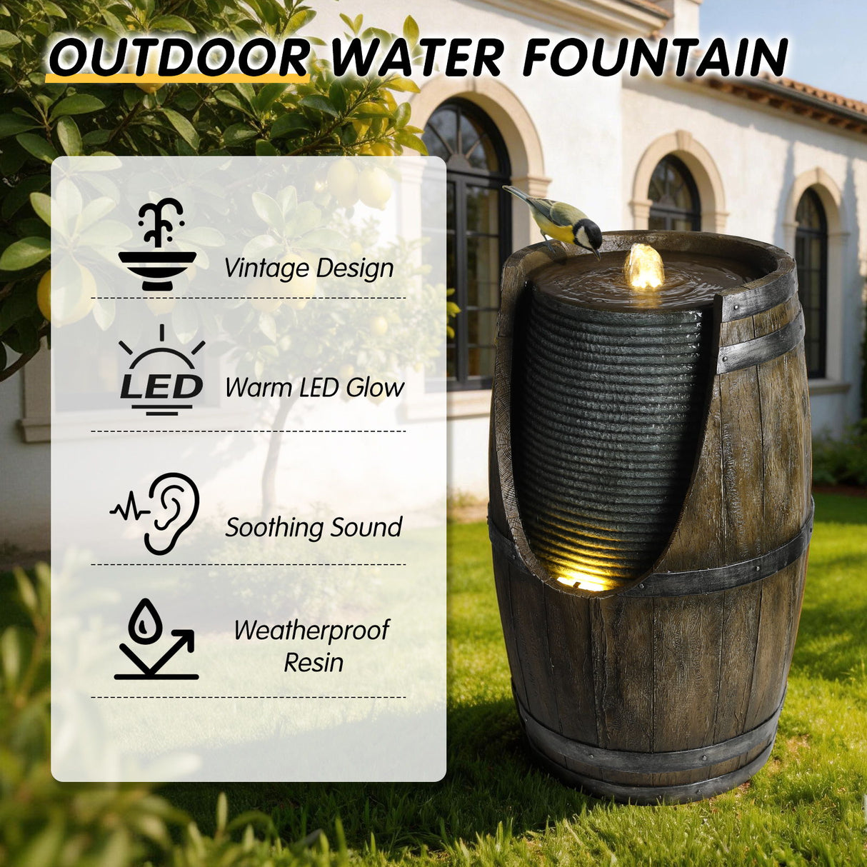 Rustic Barrel Water Fountain With LED Light