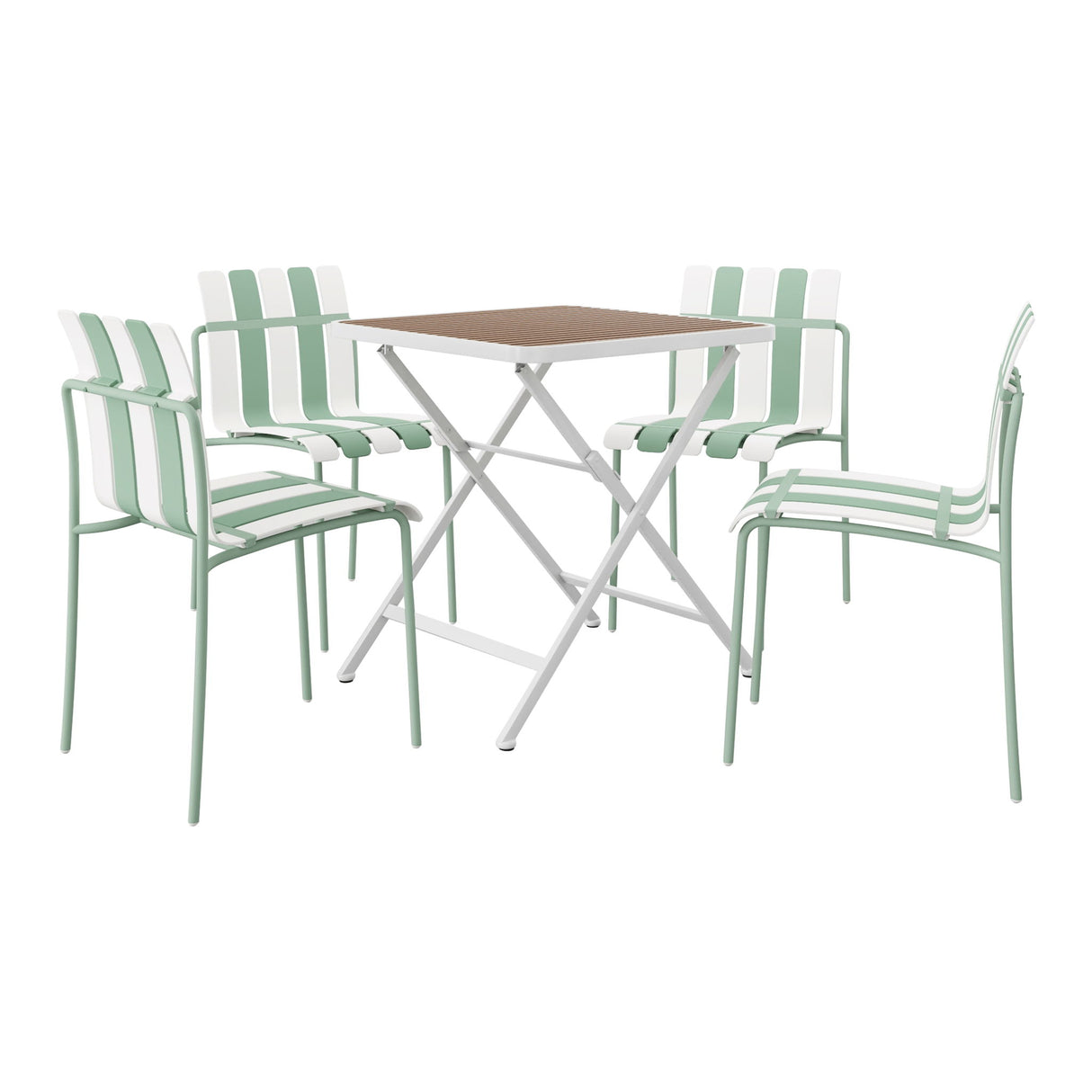 4 Piece Set Of Color Block Designed Single Chairs, Folding Square Table - Haze Green / Khaki / White