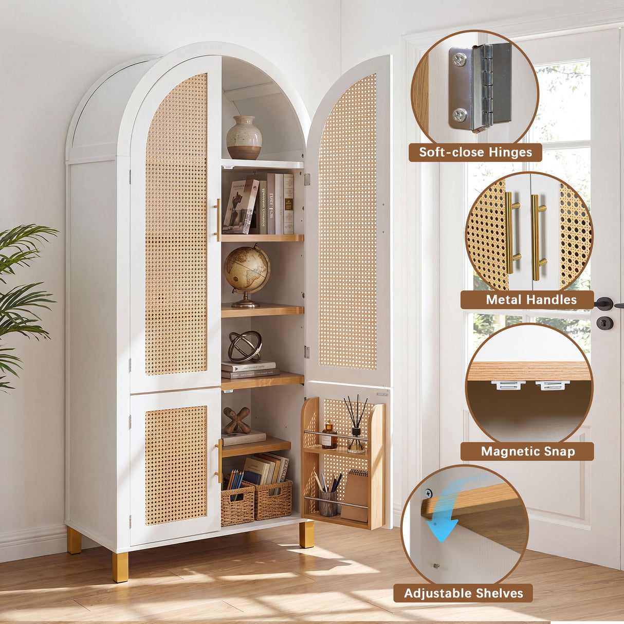 Tall Arched Cabinet With Rattan Doors & Adjustable Shelves