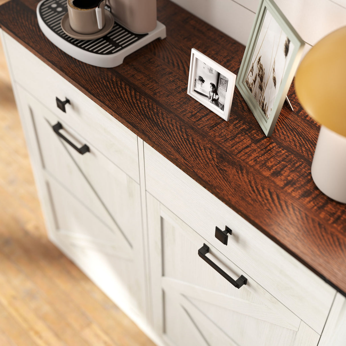 Double Tilt Out Trash Cabinet With Hideaway Drawer And Barn Door Style