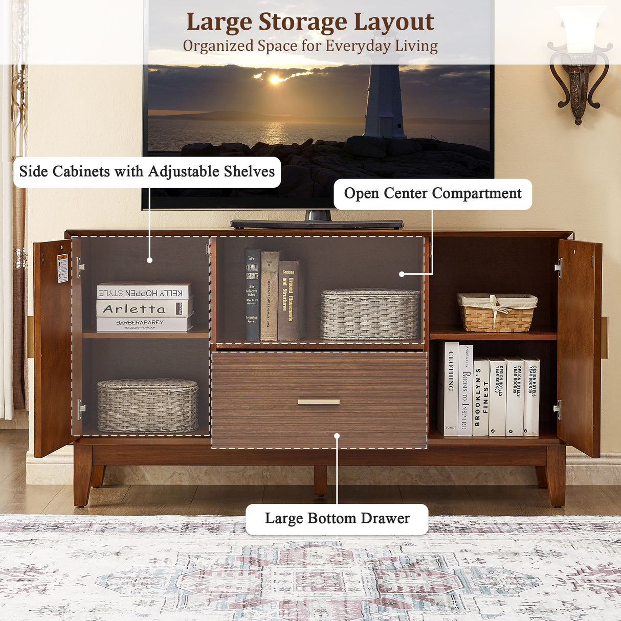 TV Stand With Drawer And Cabinets - Brown