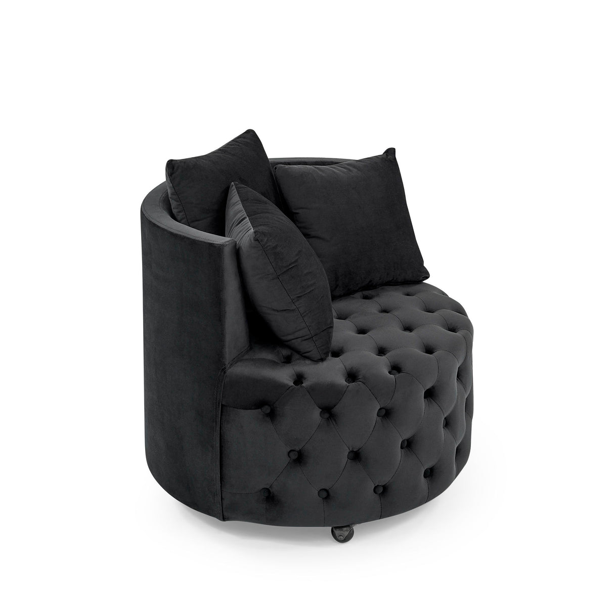 Modern Velvet Upholstered Swivel Chair With Button Tufted Design Movable Wheels 3 Pillows - Black