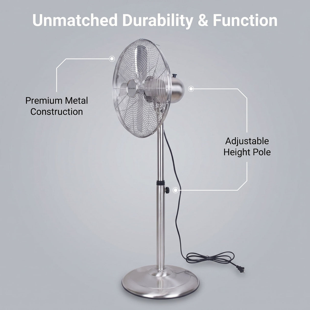 Stand Fan, 4 Blades, Rotary Knob Switch, Oscillation Function, Tilting Angle - Chrome