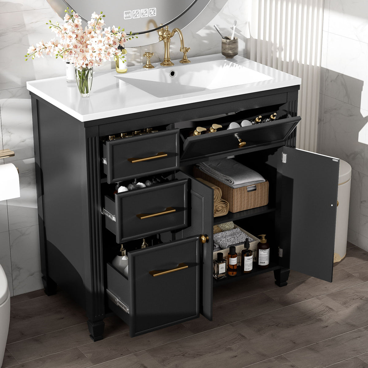 Modern Bathroom Vanity With Ceramic Sink, Freestanding, One Tip Out Drawer, 3 Side Drawers, Adjustable Shelf