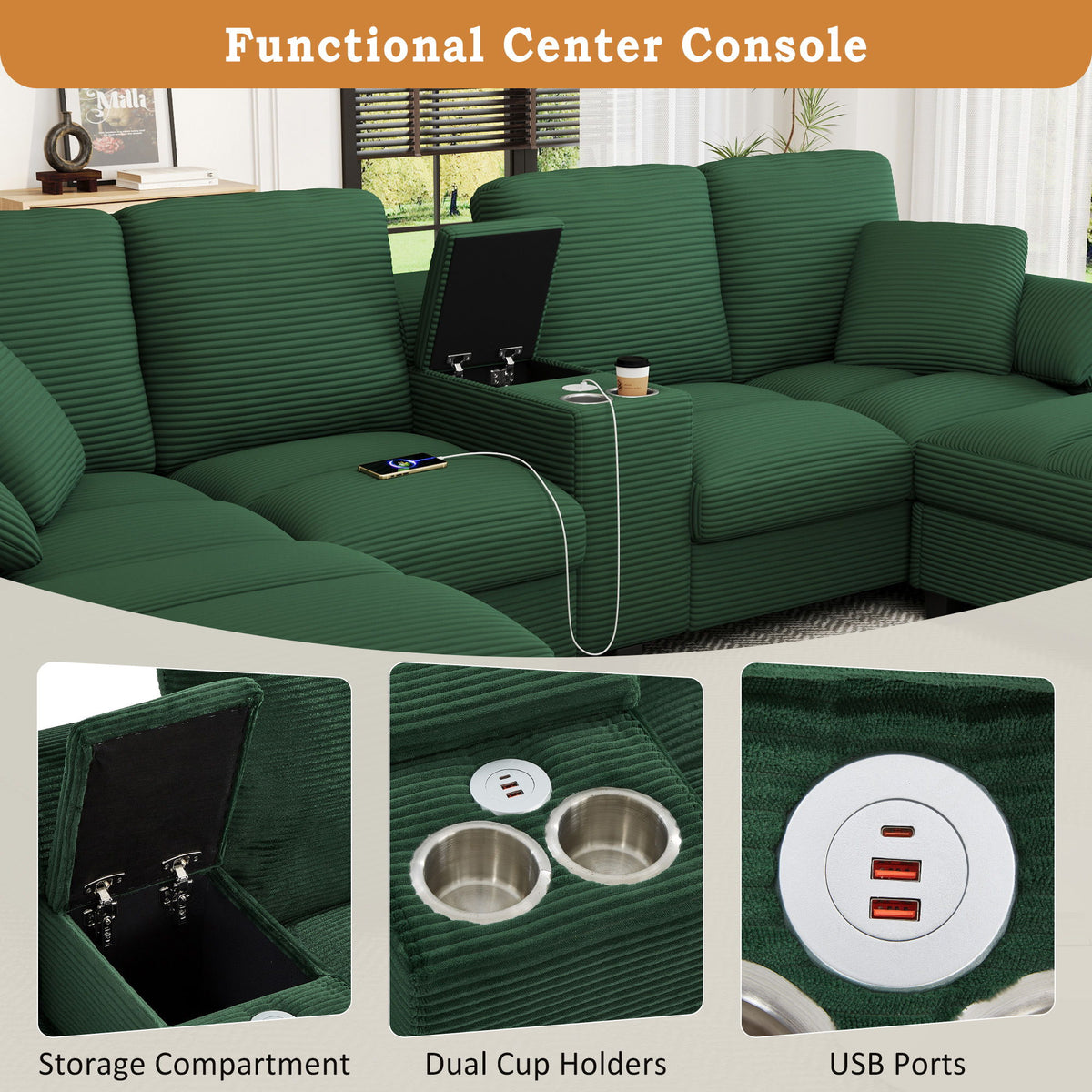 Modern U - Shaped Sectional Sofa With Storage Ottomans, USB Ports, And Cup Holders